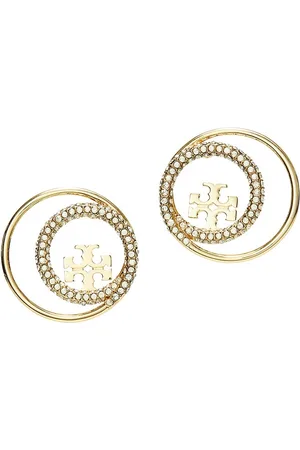 Tory Burch Kira Crystal & Mother of Pearl Logo Stud Earrings in 18K Gold  Plated