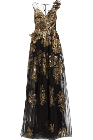 Teri Jon By Rickie Freeman Women's Metallic Jacquard Tie-waist Gown In  Black Gold