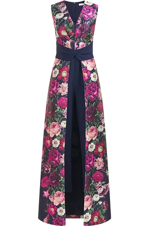 Kay Unger Reign Floral Jacquard Walk-Thru Jumpsuit Gown in Blue Lavender 12  $338