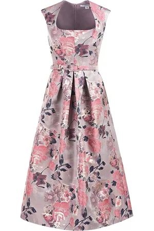 Kay Unger Metallic Floral Print Sleeveless Fit and Flare Tea