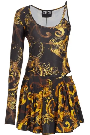NWT Versace Gold Black Hibiscus Print Mini Dress Size 38 IT $1595 US 2