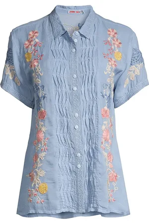 JOHNNY WAS Allbee Embroidered Floral Geometric Print Ruffle Banded Collar  Long Sleeve Button Front Scallop Hem Blouse