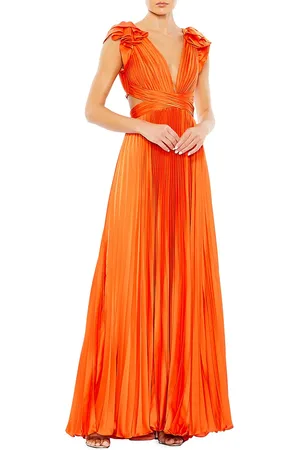 Orange Peach Pleated Maxi Dress With Long Sleeves | SilkFred US