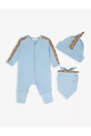Burberry Claude Vintage check stretch-cotton baby grow, hat and bib set 0-1 months