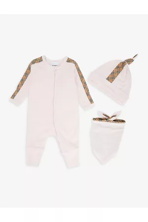 Burberry Claude Vintage check stretch-cotton baby grow, hat and bib set 0-1 months