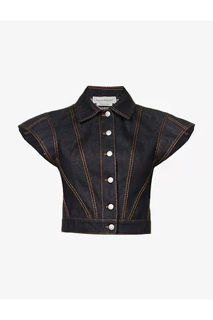 Alexander McQueen Women Denim Jackets - Womens Contrast-stitching Sleeveless Denim Jacket 6