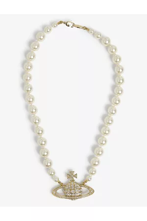 Vivienne Westwood Women Necklaces - Womens Bas Relief Yellow-gold Tone Brass, Pearl and Swarovski Crystal Necklace