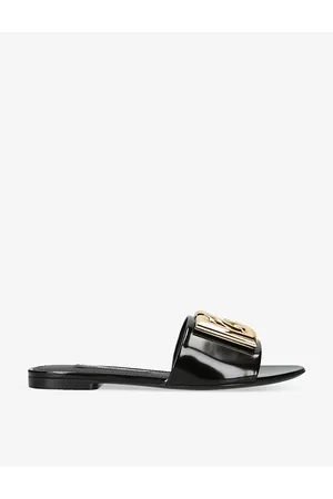 Dolce & Gabbana Women Leather Sandals - Womens Capri Gold-plated Logo-plaque Patent-leather Sandals 5