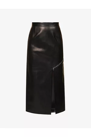 Alexander McQueen Women Leather Skirts - Womens Zip-embellished Split-hem Leather Midi Skirt 6