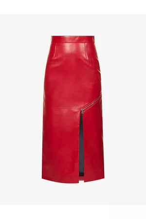 Alexander McQueen Women Leather Skirts - Womens Split-hem Zip-embellished Leather Midi Skirt 4