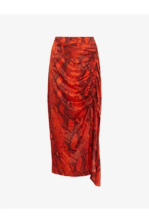 Printed satin silk-blend midi skirt in red - Prada