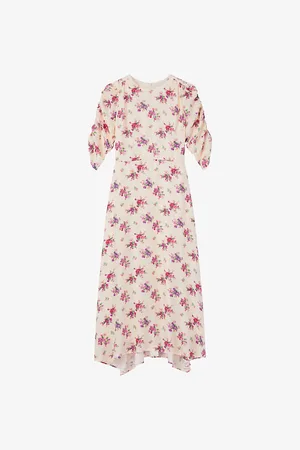 LK Bennett Womens Delilah Bouquet-Print Ruched-Sleeve Silk Midi Dress 12