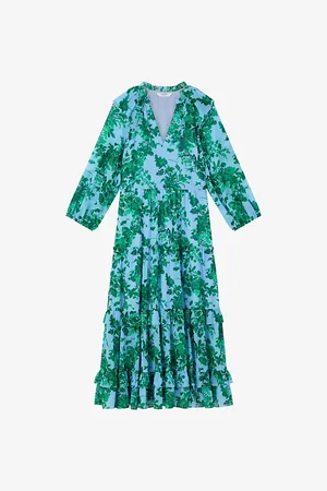 LK Bennett Womens Eleanor Floral-Print Tiered-Hem Woven Midi Dress 10