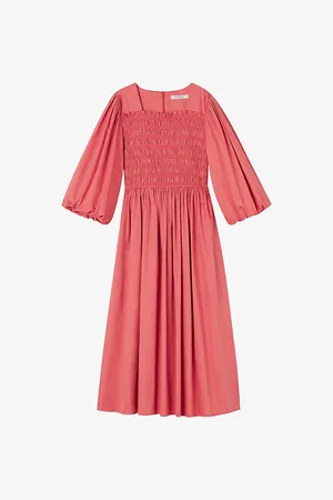 LK Bennett Womens Calister Puff-Sleeve Smocked Cotton Midi Dress 6