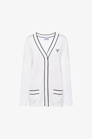 Prada Womens Intarsia-Logo Raglan-Shoulder Silk-Blend Cardigan 4