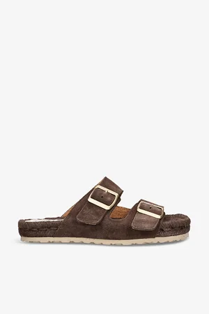 MANEBI Womens Hamptons Nordic Double-Buckle Flat Suede Sandals Eur 37 / 4 Uk Women