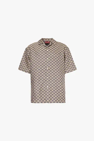 Gucci Mens Monogram-Pattern Regular-Fit Linen-Blend Shirt 34