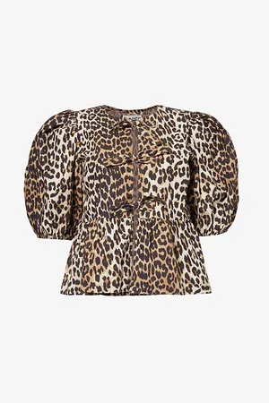 Ganni Womens Puff-Sleeve Peplum-Hem Organic-Cotton Blouse 18