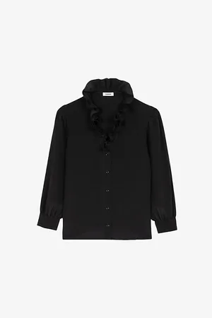 Sandro Womens Ruffle-Neck Long-Sleeve Silk Shirt 6