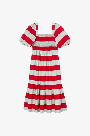 LK Bennett Womens Ruby Puff-Sleeve Striped Cotton Midi Dress 6