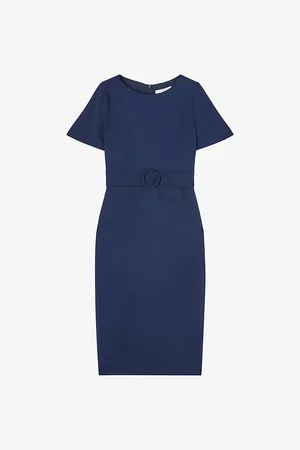 LK Bennett Womens Klaudia Crew-Neck Belted-Waist Stretch-Woven Midi Dres 18