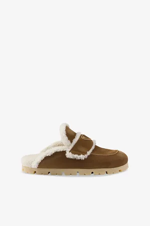 Prada Womens Lugged-Sole Triangle-Plaque Suede and Shearling Slippers Eur 37 / 4 Uk Women