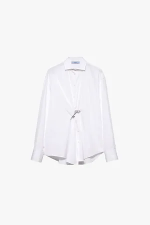 Prada Womens Brooch-Detail Long-Sleeved Cotton-Poplin Shirt 8