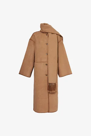 Totême Womens Embroidered Scarf Relaxed-Fit Recycled Wool-Blend Coat 8