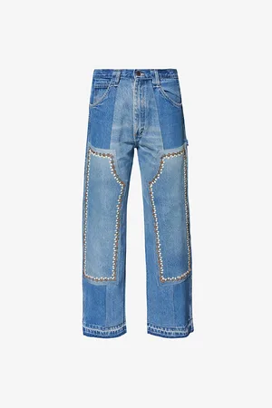 Kartik Research Mens Double Knee Raw-Cuffs Mid-Rise Regular-Fit Denim Jeans M