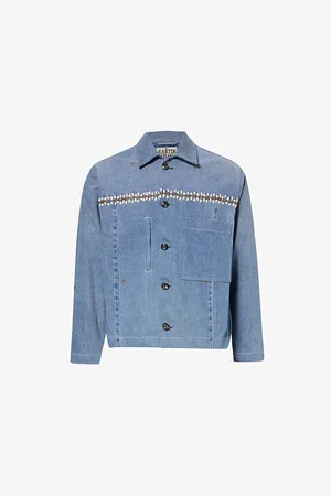 Kartik Research Mens Embroidered Spread-Collar Relaxed-Fit Denim Jacket S