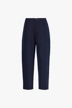 Kartik Research Mens Raw-Trims Two-Slip-Pockets High-Rise Relaxed-Fit Cotton Trousers S