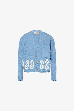 Kartik Research Mens Paisley V-Neck Relaxed-Fit Cotton-Knit Cardigan M