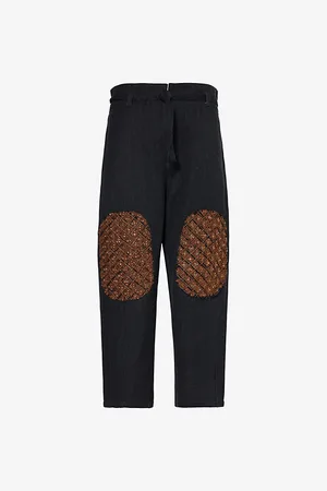Kartik Research Mens Double Knee Patch Wide-Crop-Leg Relaxed-Fit Cotton Trousers S