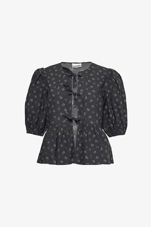 Ganni Womens Bow-Front Peplum Organic-Cotton Poplin Blouse 4