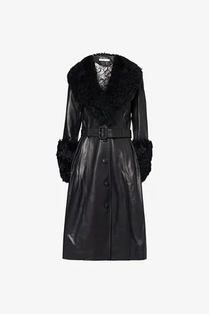 Saks Potts Womens Foxy Shearling-Trim Long Leather Coat S