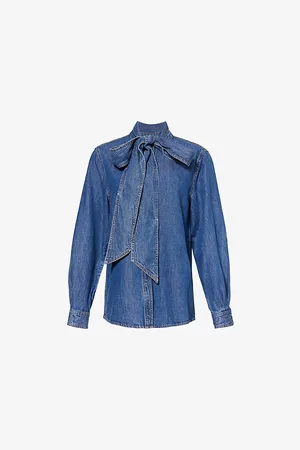 Frame Womens The Secretary Pussy-Bow Denim Blouse S
