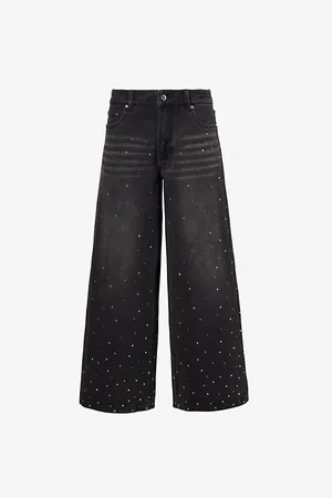 House of Sunny Womens Rhinestones Wide-Leg Mid-Rise Denim-Blend Jeans 8