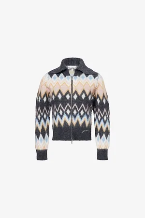 Ganni Womens Brand-Embroidery Zip-Through Wool-Blend Knitted Cardigan L