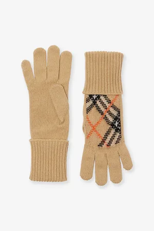 Burberry Womens Check-Print Cashmere-Blend Gloves S/M