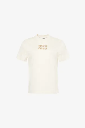 Miu Miu Womens Round-Neck Brand-Embellished Cotton-Jersey T-Shirt Xs