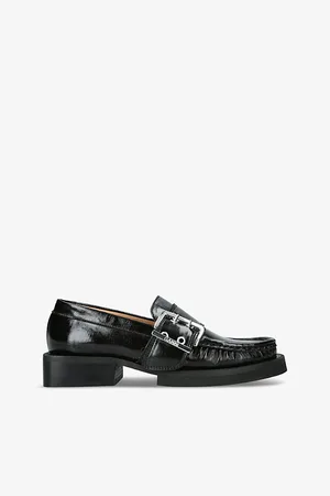 Ganni Womens Round-Toe Buckled Leather Loafers Eur 37 / 4 Uk Women