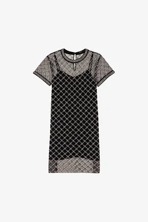 Maje Womens Embellished Round-Neck Short-Sleeve Tulle Mini Dress 6