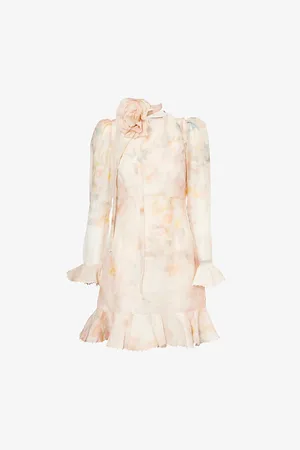 ZIMMERMANN Womens Crush Pearl-Embellished Floral-Pattern Linen and Silk-Blend Mini Dress Xxs