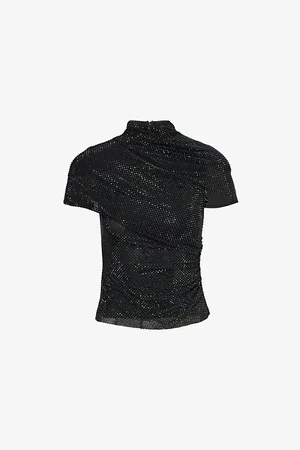 Self-Portrait Womens Asymmetric Neckline Rhinestone-Embellished Stretch-Mesh Top 8