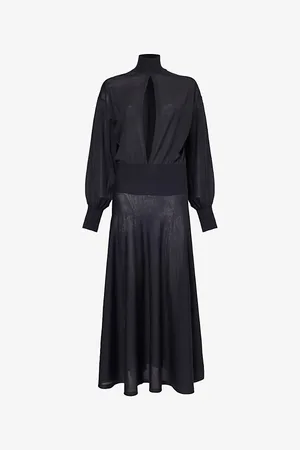 Alaïa Womens Noir Slit-Front Long-Sleeve Fine-Knit Wool Maxi Dress 10