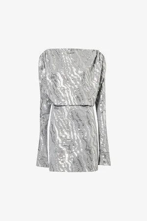 ROTATE Womens Boat-Neck Sequin-Embellished Woven Mini Dress 6