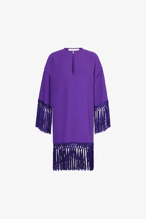 VALENTINO GARAVANI Womens Fringe-Trim Round-Neck Silk Mini Dress 8