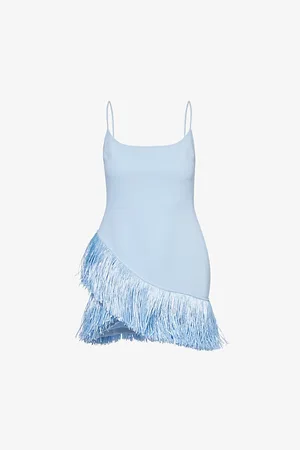 DAVID KOMA Womens Asymmetric Raffia-Fringe Woven Mini Dress 6