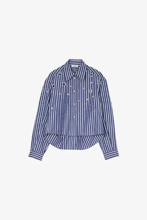 Sandro Womens Striped Rhinestone-Embellished Cotton Shirt 6