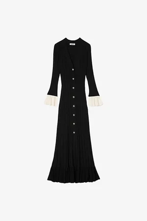 Sandro Womens V-Neck Contrast-Cuff Knitted Midi Dress 8